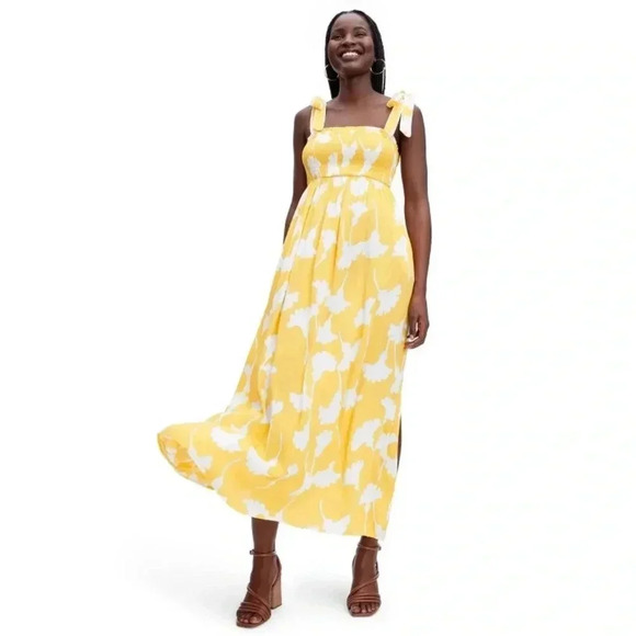 NWT new DVF target yellow dress smocked tie strap ginkgo long dress large new - Picture 1 of 17